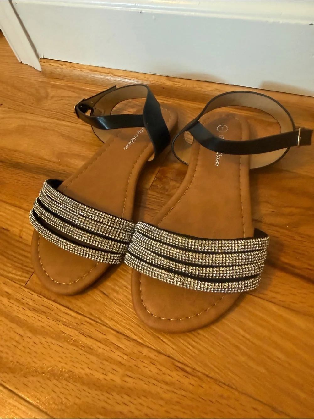 Kids’ Black Ankle-Strap Sandals with Rhinestone Band